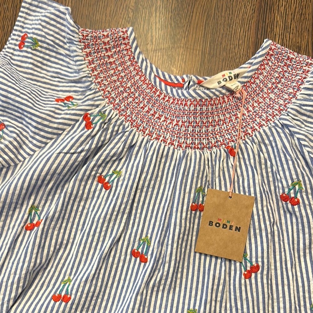 Boden Striped Top with Cherry Embroidery